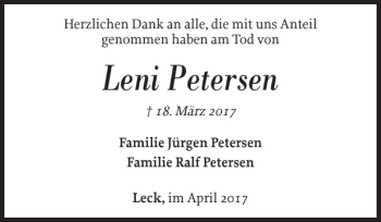 Traueranzeige von Leni Petersen von Nordfriesland Tageblatt