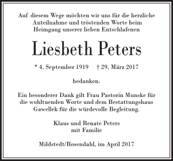 Traueranzeige von Liesbeth Peters von Husumer Nachrichten
