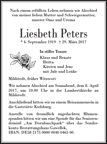 Traueranzeige von Liesbeth Peters von Husumer Nachrichten