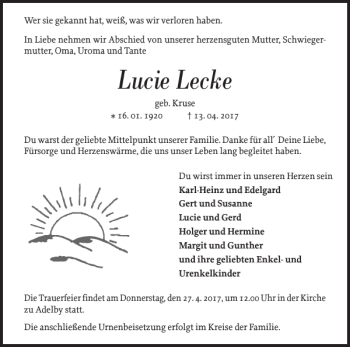 Traueranzeige von Lucie Lecke von Flensburger Tageblatt
