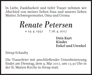 Traueranzeige von Renate Petersen von Flensburger Tageblatt