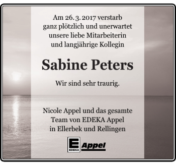 Traueranzeige von Sabine Peters von Pinneberger Tageblatt
