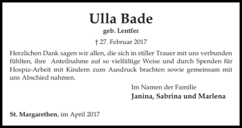 Traueranzeige von Ulla Bade von Norddeutsche Rundschau