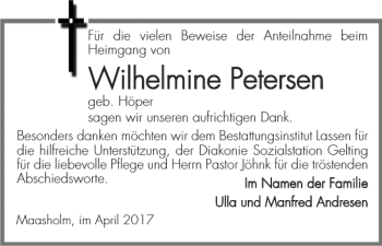 Traueranzeige von Wilhelmine Petersen von Schlei-Bote