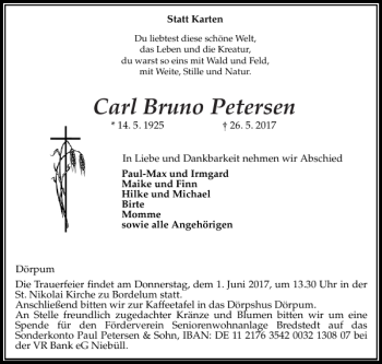 Traueranzeige von Carl Bruno Petersen von Husumer Nachrichten