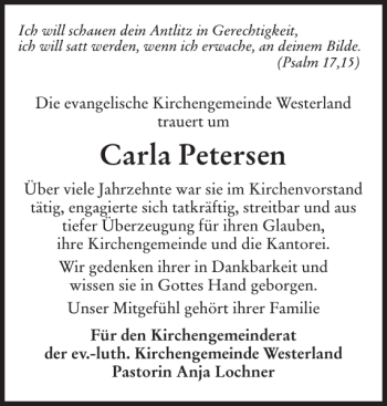 Traueranzeige von Carla Petersen von Sylter Rundschau