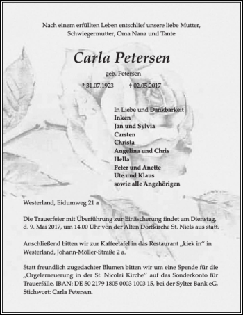 Traueranzeige von Carla Petersen von Sylter Rundschau