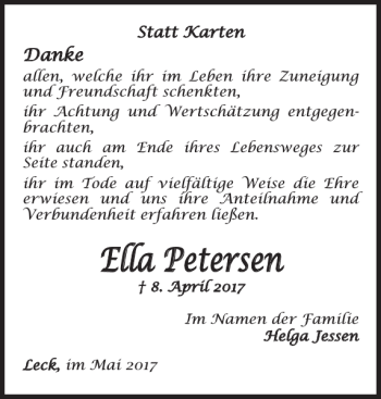 Traueranzeige von Ella Petersen von Nordfriesland Tageblatt