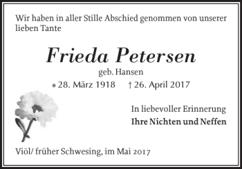 Traueranzeige von Frieda Petersen von Husumer Nachrichten