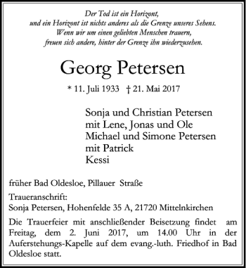 Traueranzeige von Georg Petersen von Stormarner Tageblatt