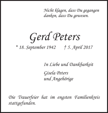 Traueranzeige von Gerd Peters von Uetersener Nachrichten