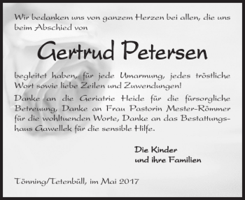 Traueranzeige von Gertrud Petersen von Husumer Nachrichten