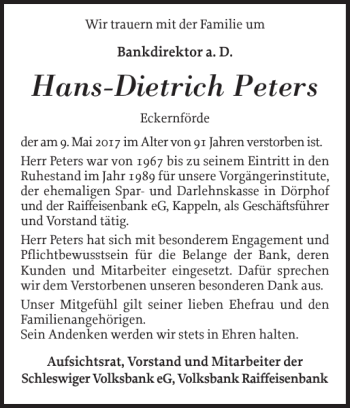 Traueranzeige von Hans-Dietrich Peters von Schleswiger Nachrichten