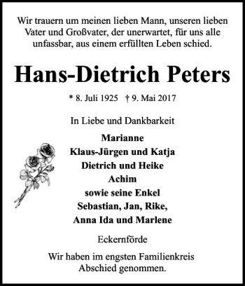 Traueranzeige von Hans-Dietrich Peters von Eckernförder Zeitung