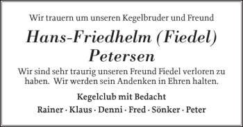 Traueranzeige von Hans-Friedhelm Fiedel Petersen von Schlei-Bote