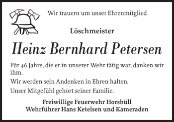 Traueranzeige von Heinz Bernhard Petersen von Nordfriesland Tageblatt