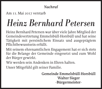 Traueranzeige von Heinz Bernhard Petersen von Nordfriesland Tageblatt