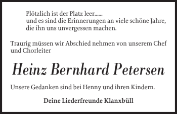 Traueranzeige von Heinz Bernhard Petersen von Nordfriesland Tageblatt