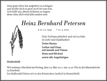 Traueranzeige von Heinz Bernhard Petersen von Nordfriesland Tageblatt