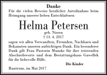 Traueranzeige von Helma Petersen von Husumer Nachrichten