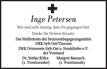 Traueranzeige von Inge Petersen von Sylter Rundschau