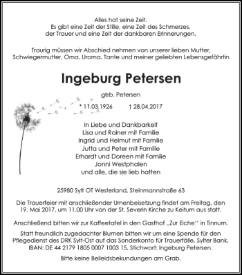 Traueranzeige von Ingeburg Petersen von Nordfriesland Tageblatt