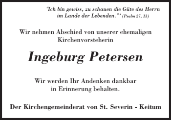 Traueranzeige von Ingeburg Petersen von Sylter Rundschau