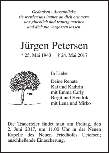 Traueranzeige von Jürgen Petersen von Uetersener Nachrichten