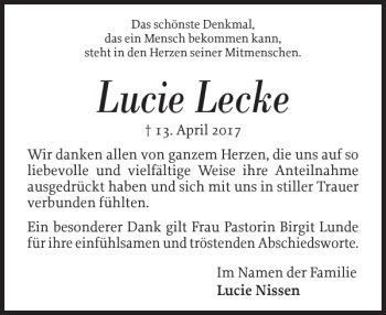 Traueranzeige von Lucie Lecke von Flensburger Tageblatt