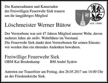 Traueranzeige von Löschmeister Werner Bütow von Stormarner Tageblatt