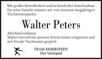 Traueranzeige von Walter Peters von Husumer Nachrichten