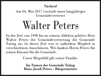 Traueranzeige von Walter Peters von Husumer Nachrichten