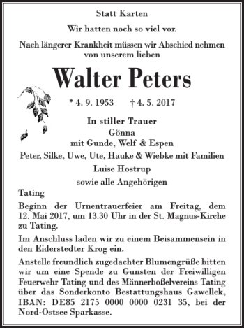Traueranzeige von Walter Peters von Husumer Nachrichten