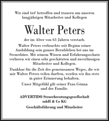Traueranzeige von Walter Peters von Husumer Nachrichten