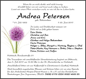 Traueranzeige von Andrea Petersen von Husumer Nachrichten
