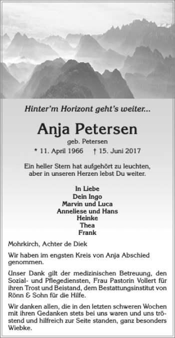 Traueranzeige von Anja Petersen von Flensburger Tageblatt