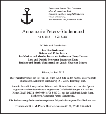 Traueranzeige von Annemarie Peters-Studemund von Wedel-Schulauer Tageblatt