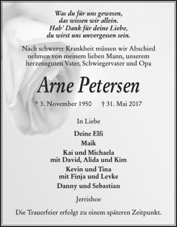 Traueranzeige von Arne Petersen von Flensburger Tageblatt