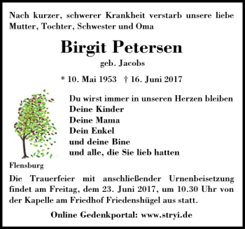 Traueranzeige von Birgit Petersen von Flensburger Tageblatt