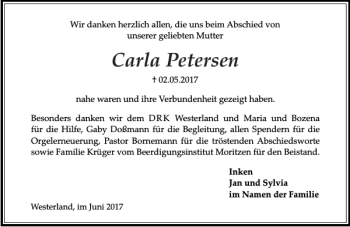 Traueranzeige von Carla Petersen von Sylter Rundschau