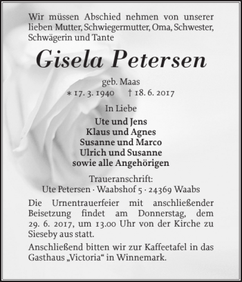 Traueranzeige von Gisela Petersen von Eckernförder Zeitung