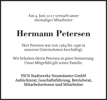 Traueranzeige von Hermann Petersen von Holsteinischer Courier