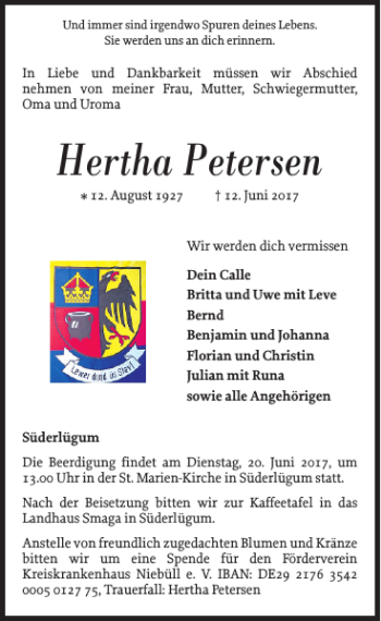 Traueranzeige von Hertha Petersen von Nordfriesland Tageblatt