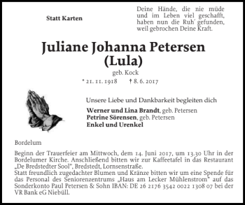 Traueranzeige von Juliane Johanna Petersen von Husumer Nachrichten
