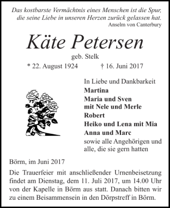 Traueranzeige von Käte Petersen von Schleswiger Nachrichten