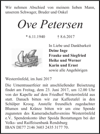 Traueranzeige von Ove Petersen von Landeszeitung
