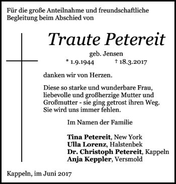 Traueranzeige von Traute Petereit von Schlei-Bote