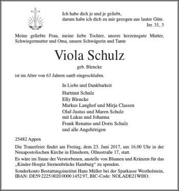 Traueranzeige von Viola Schulz von Elmshorner Nachrichten