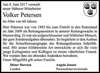 Traueranzeige von Volker Petersen von Husumer Nachrichten
