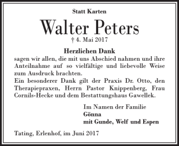 Traueranzeige von Walter Peters von Husumer Nachrichten